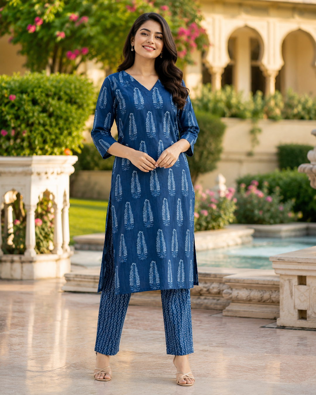 Woman posing in a deep indigo blue printed v-neck kurta and matching straight pants set by a scenic outdoor fountain.