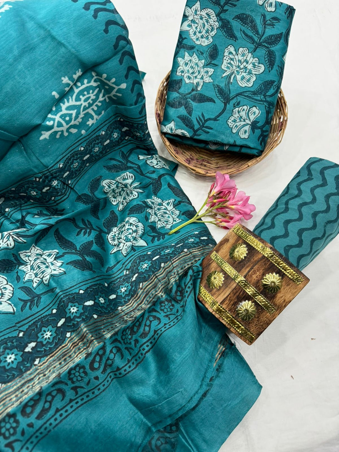 Hand Block Printed Maheshwari Silk Suit.