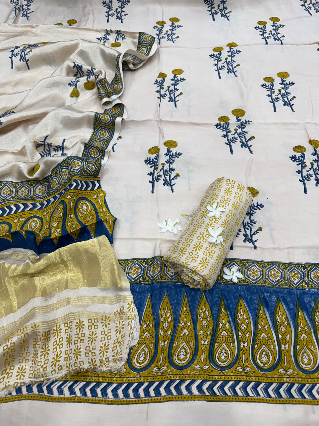 Hand Block Printed Modal Silk Suit Set with Lagdi Pattu Dupatta