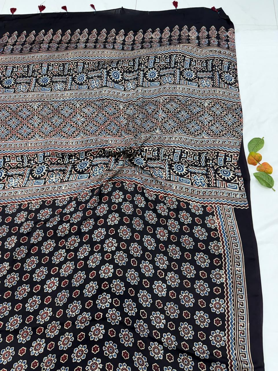 Ajrakh Hand Block Printed Modal Silk Saree | Natural Dyes