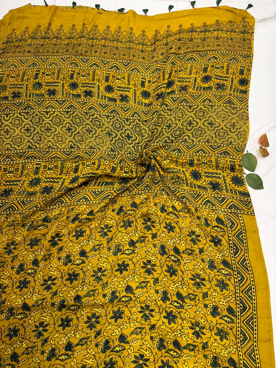 Natural Colour Ajrakh Hand Block Printed Modal Silk Saree