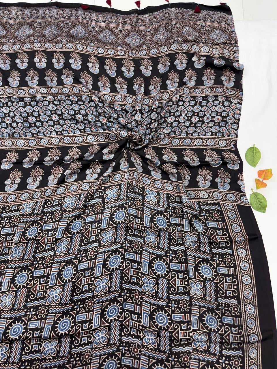 Black Ajrakh Modal Silk Saree | Original Hand Block Printed | Natural Dyes