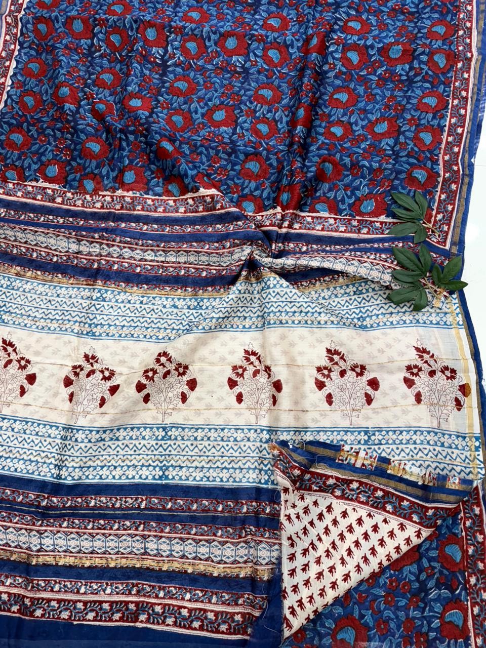 Bagru Hand Block Printed Chanderi Silk Saree with floral motifs in blue and red – Bagru Hastkala Printers