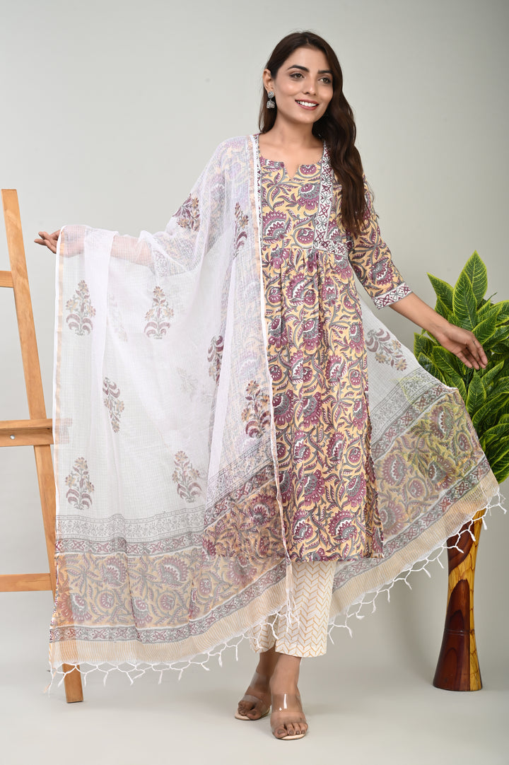 Block Printed Cotton Suit With Kota Doriya Dupatta