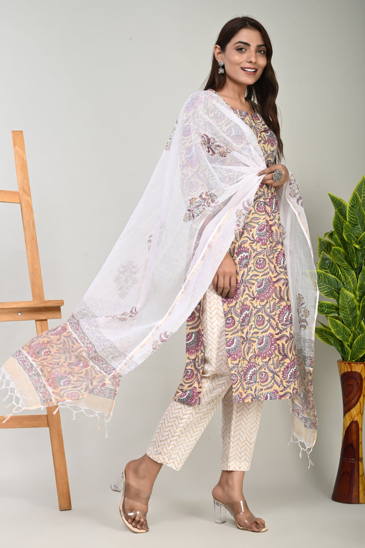 Block Printed Cotton Suit With Kota Doriya Dupatta