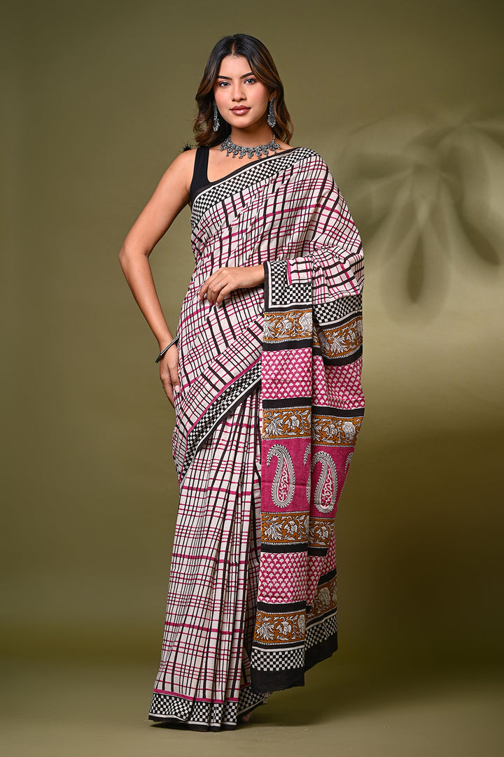 Bagru Hand Block Print Cotton Saree .