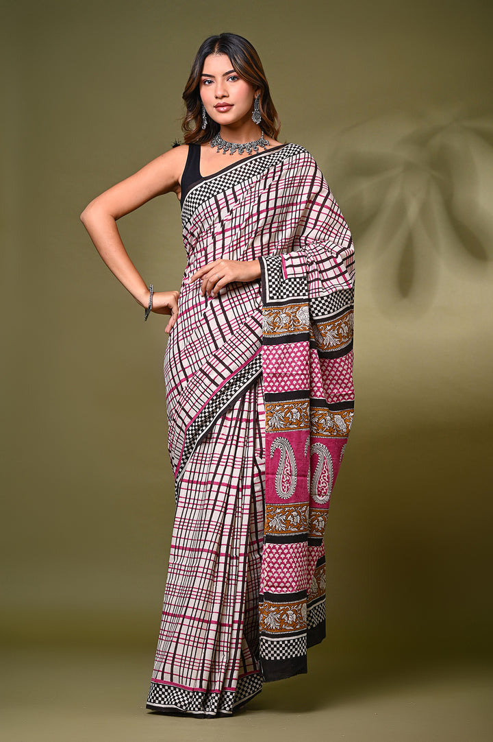 Bagru Hand Block Print Cotton Saree .