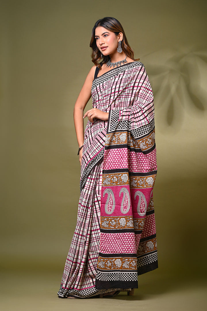 Bagru Hand Block Print Cotton Saree .