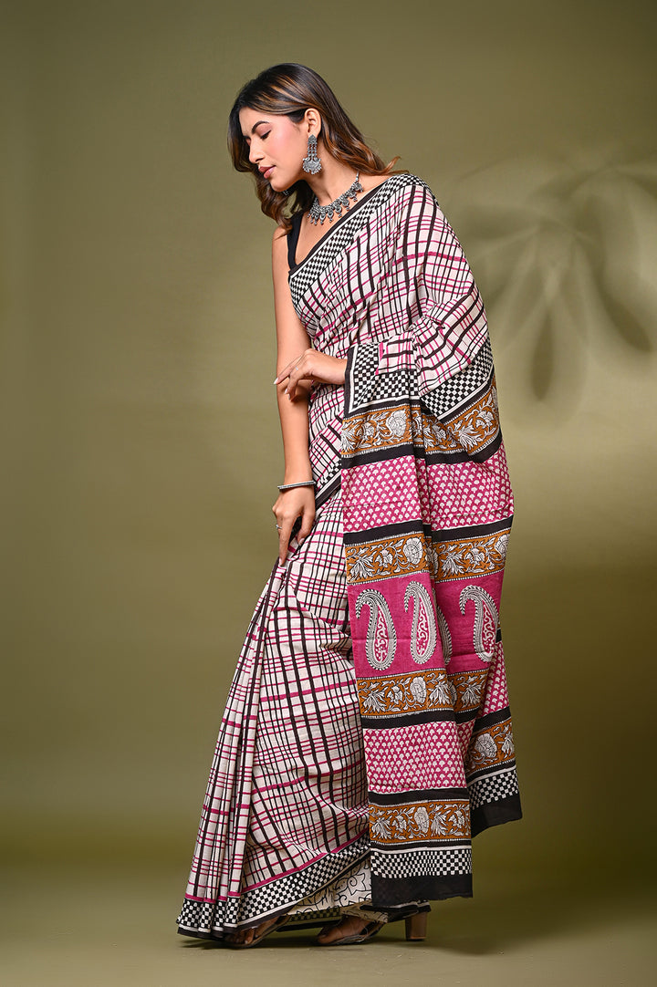 Bagru Hand Block Print Cotton Saree .