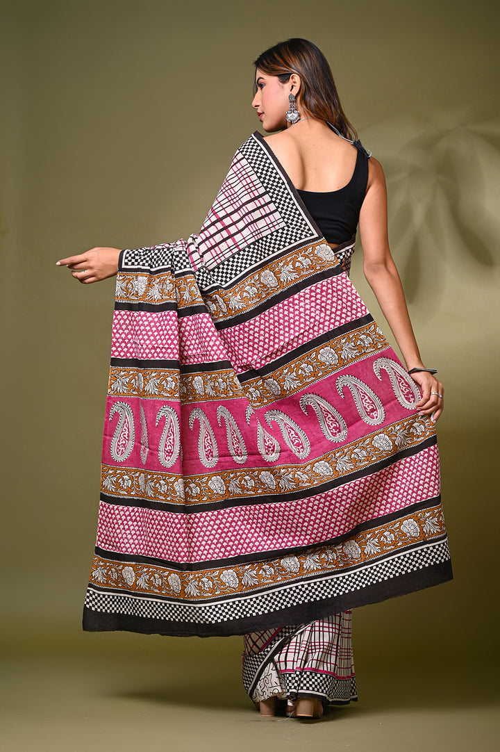 Bagru Hand Block Print Cotton Saree .