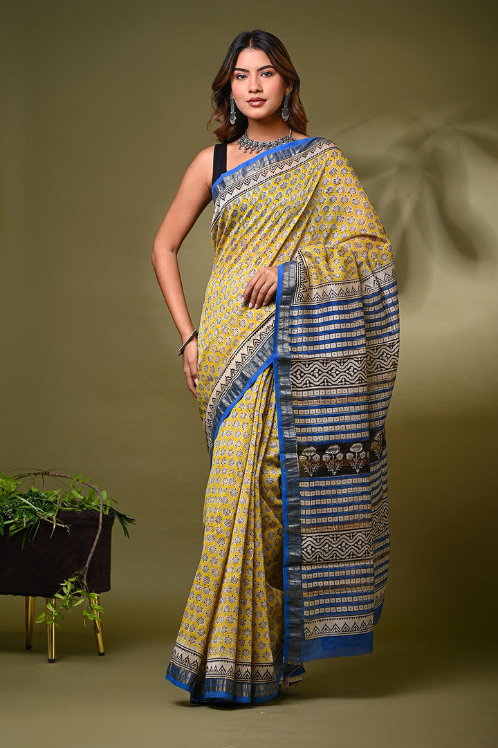 Bagru Handblock Print Maheshwari Silk Saree .