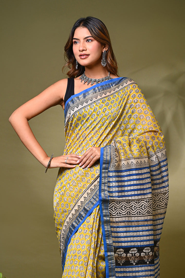 Bagru Handblock Print Maheshwari Silk Saree .