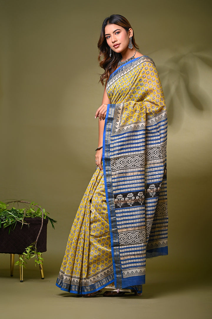 Bagru Handblock Print Maheshwari Silk Saree .