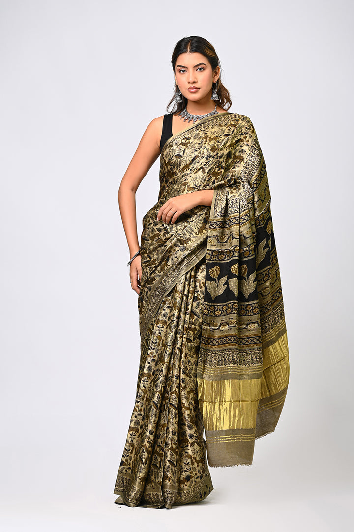 Ajrakh Lagdi Patta Modal Silk Saree | Natural Vanaspati Print | Traditional Green | Handcrafted