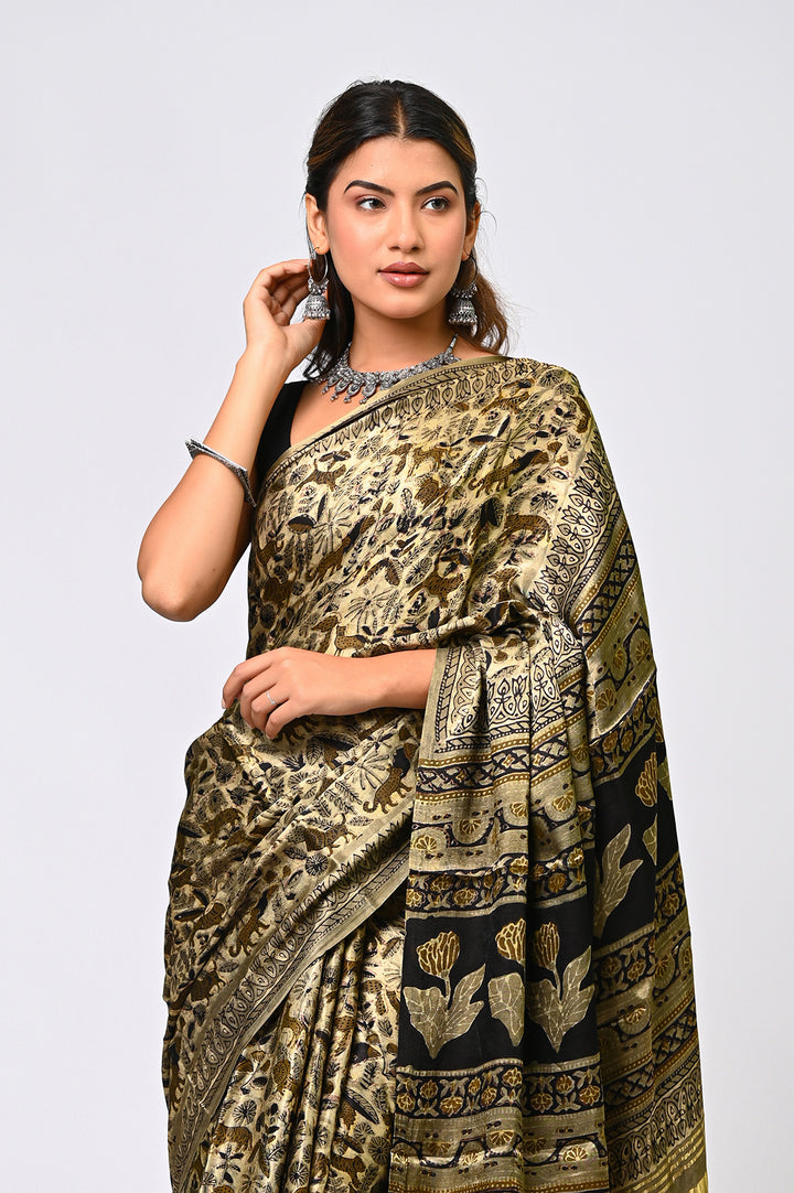 Ajrakh Lagdi Patta Modal Silk Saree | Natural Vanaspati Print | Traditional Green | Handcrafted