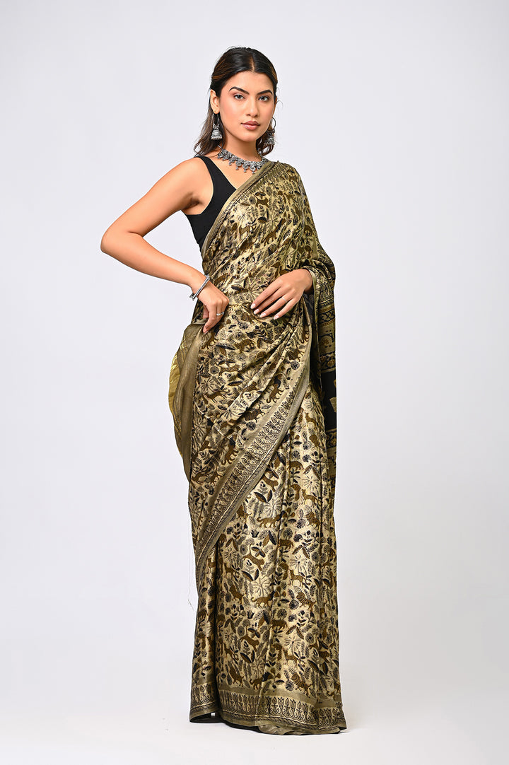 Ajrakh Lagdi Patta Modal Silk Saree | Natural Vanaspati Print | Traditional Green | Handcrafted