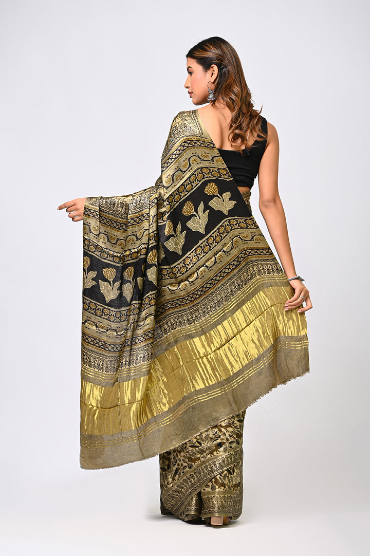 Ajrakh Lagdi Patta Modal Silk Saree | Natural Vanaspati Print | Traditional Green | Handcrafted