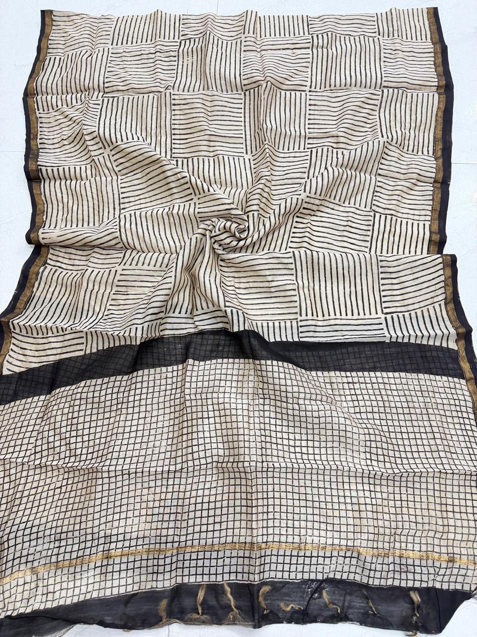 Handblock printed geometric check black and beige Chanderi silk dupatta with golden zari borders