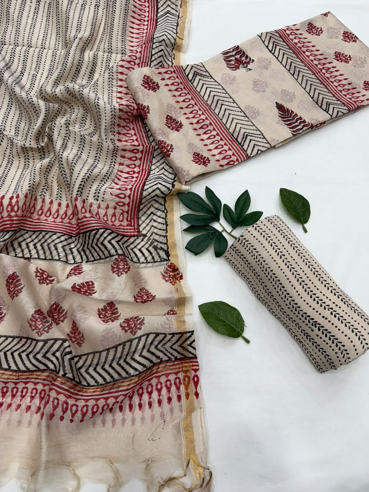 Handblock printed off-white and maroon Chanderi silk suit set with intricate floral jaal pattern and traditional border