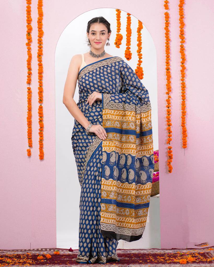 Printed Daily Wear, Pure Cotton Bagru Printed,Multi-Coloure Bollywood Block Printed  Saree