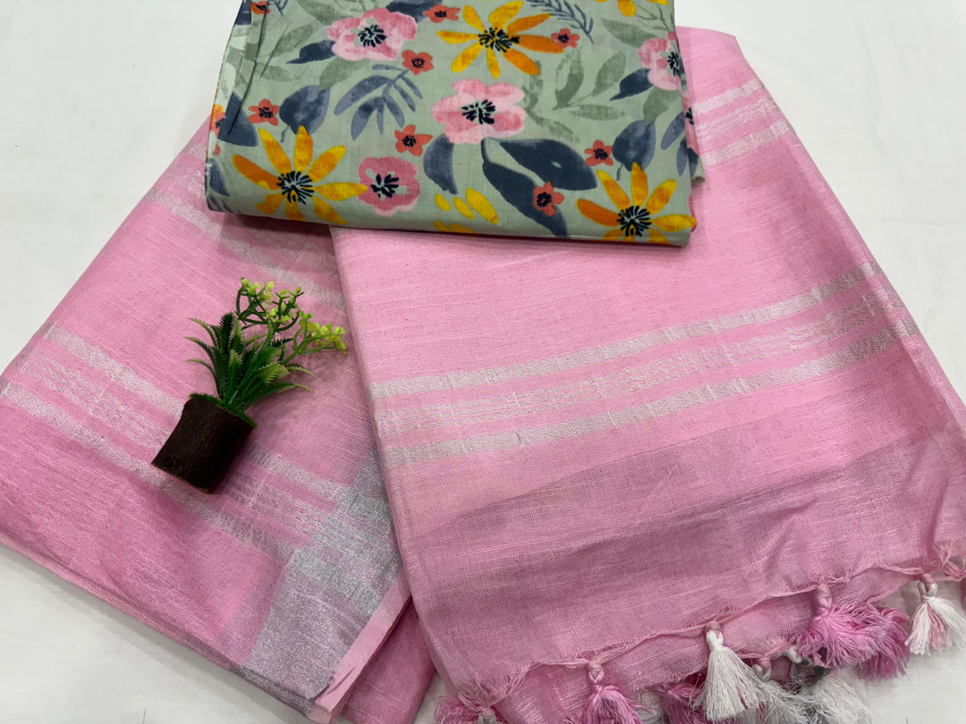 Handloom Cotton Linen Saree With Printed Cotton Blouse
