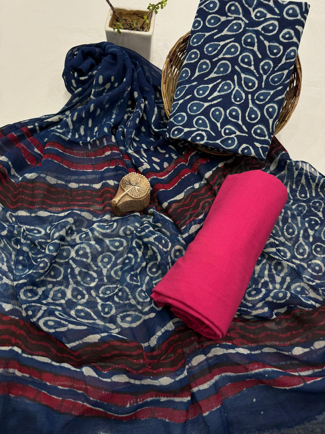Block Printed indigo Cotton Suit With Chiffon Dupatta