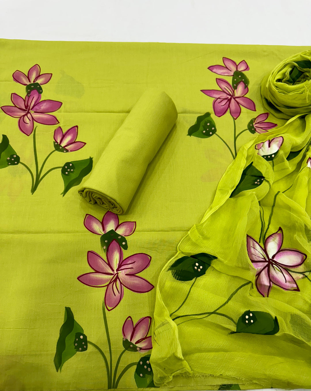 Hand Painted Cotton Suit With Chiffon Dupatta