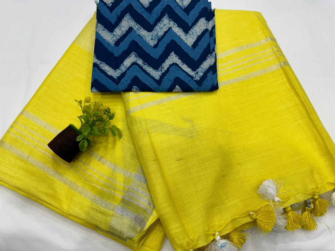 Cotton Linen Saree With Printed Cotton Blouse