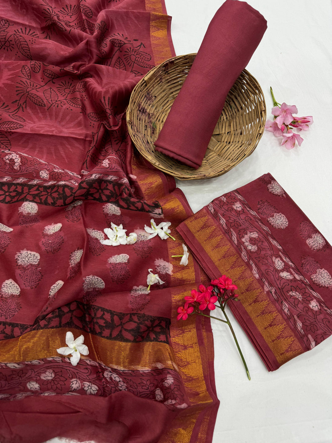 Hand Block Printed Maheshwari Silk Suit