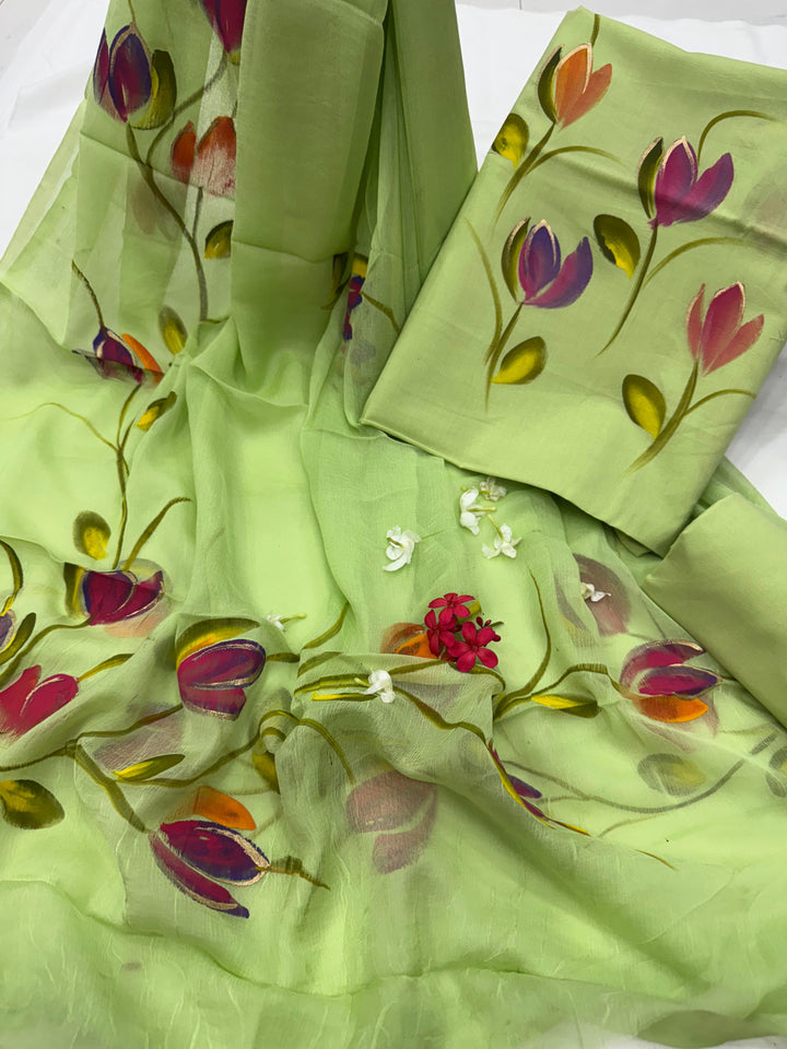 Beautiful Hand Painted Cotton Suit With Chiffon Dupatta