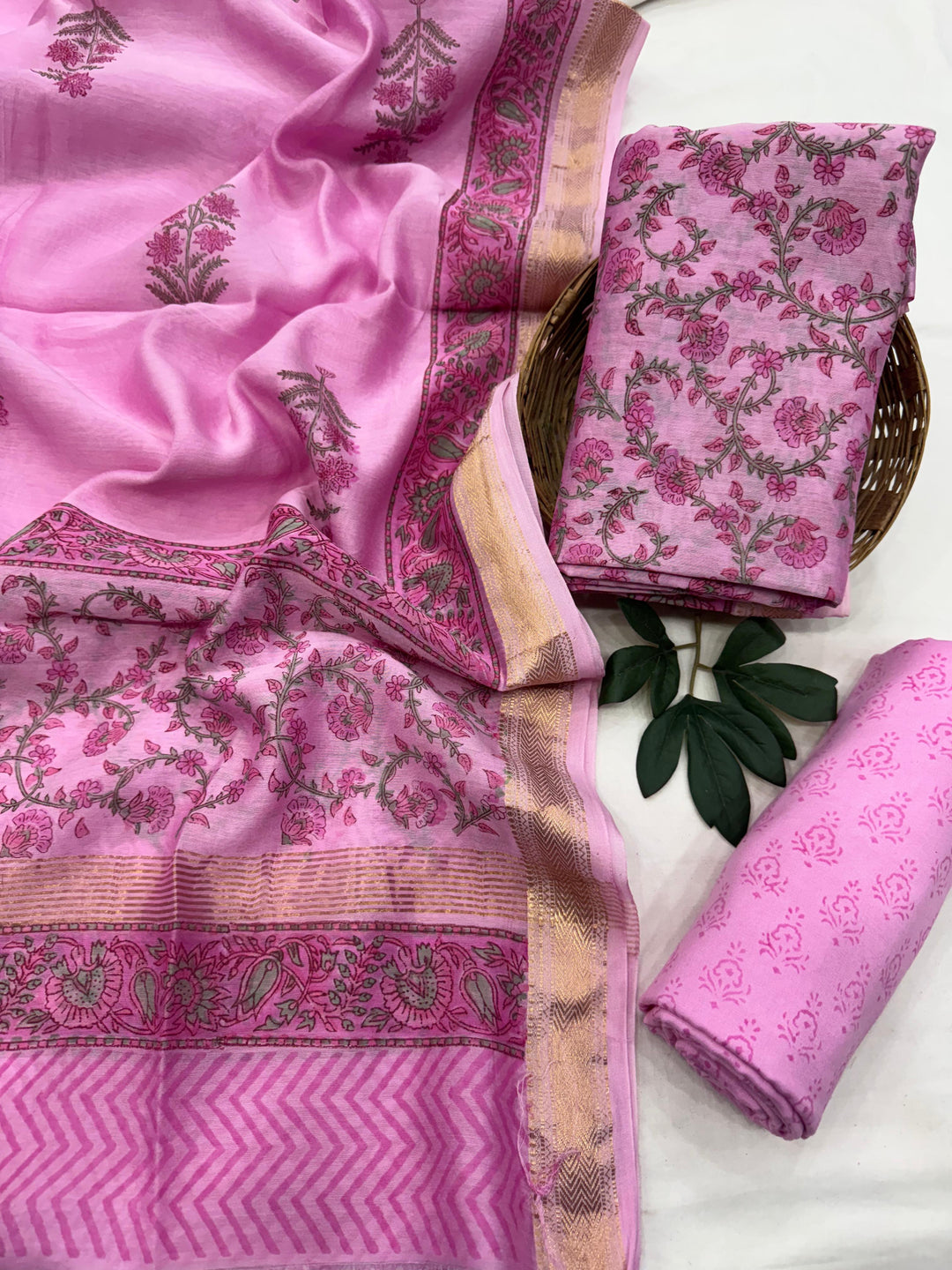 Hand Block Printed Maheshwari Silk Suit with Maheshwari Silk Dupatta.