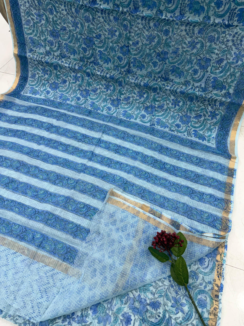 kota doriya handblock printes saree blue dye .