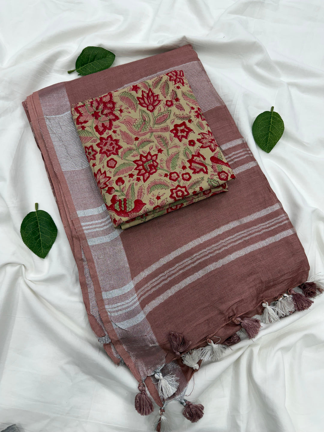 Cotton linen Saree with Cotton Printed Blouse