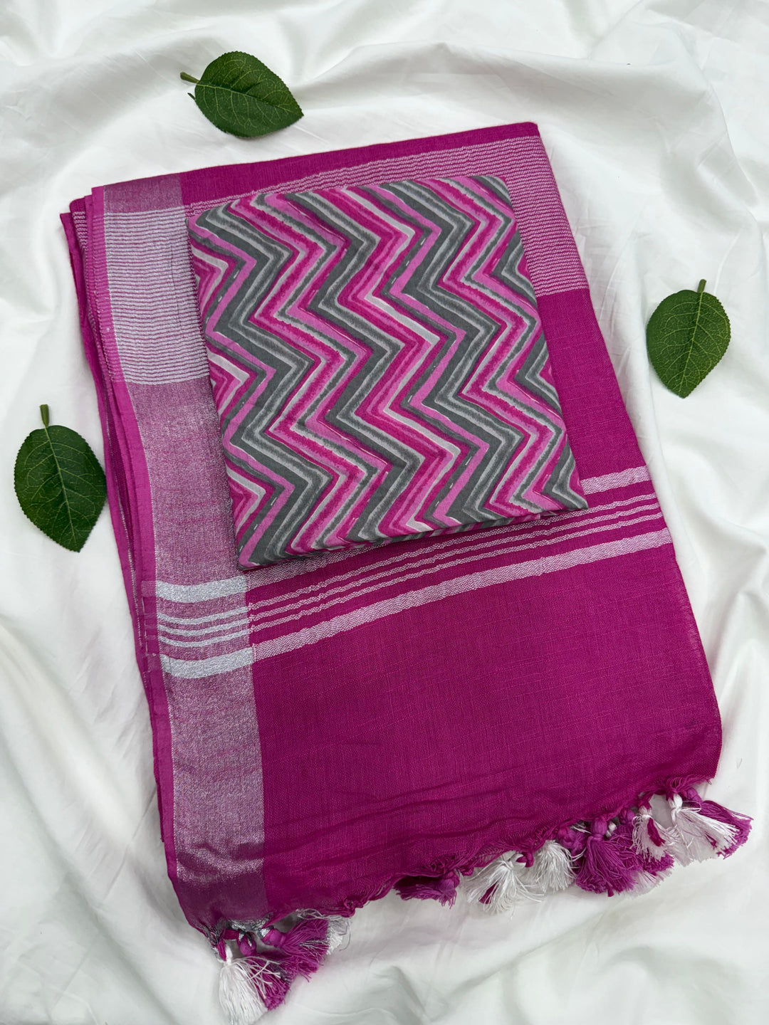 Cotton Linen saree with printed cotton blouse