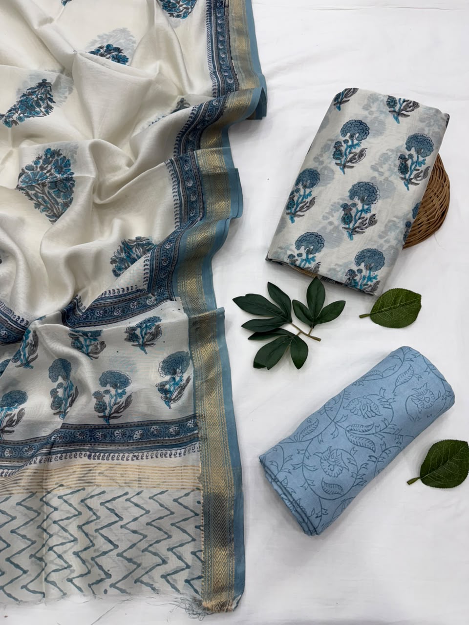 Mughal Multi Buta Print Maheshwari Silk Suit Set .