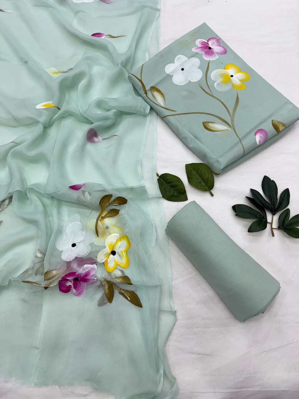 Hand Painted Cotton Suit With Chiffon Dupatta