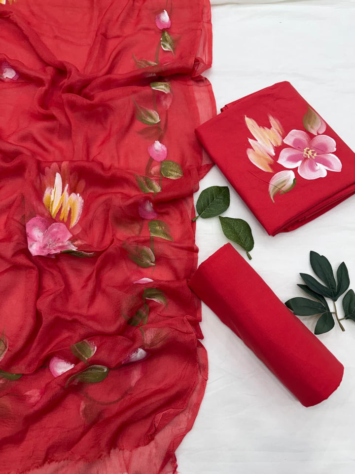 Hand Painted Cotton Suit With Chiffon Dupatta