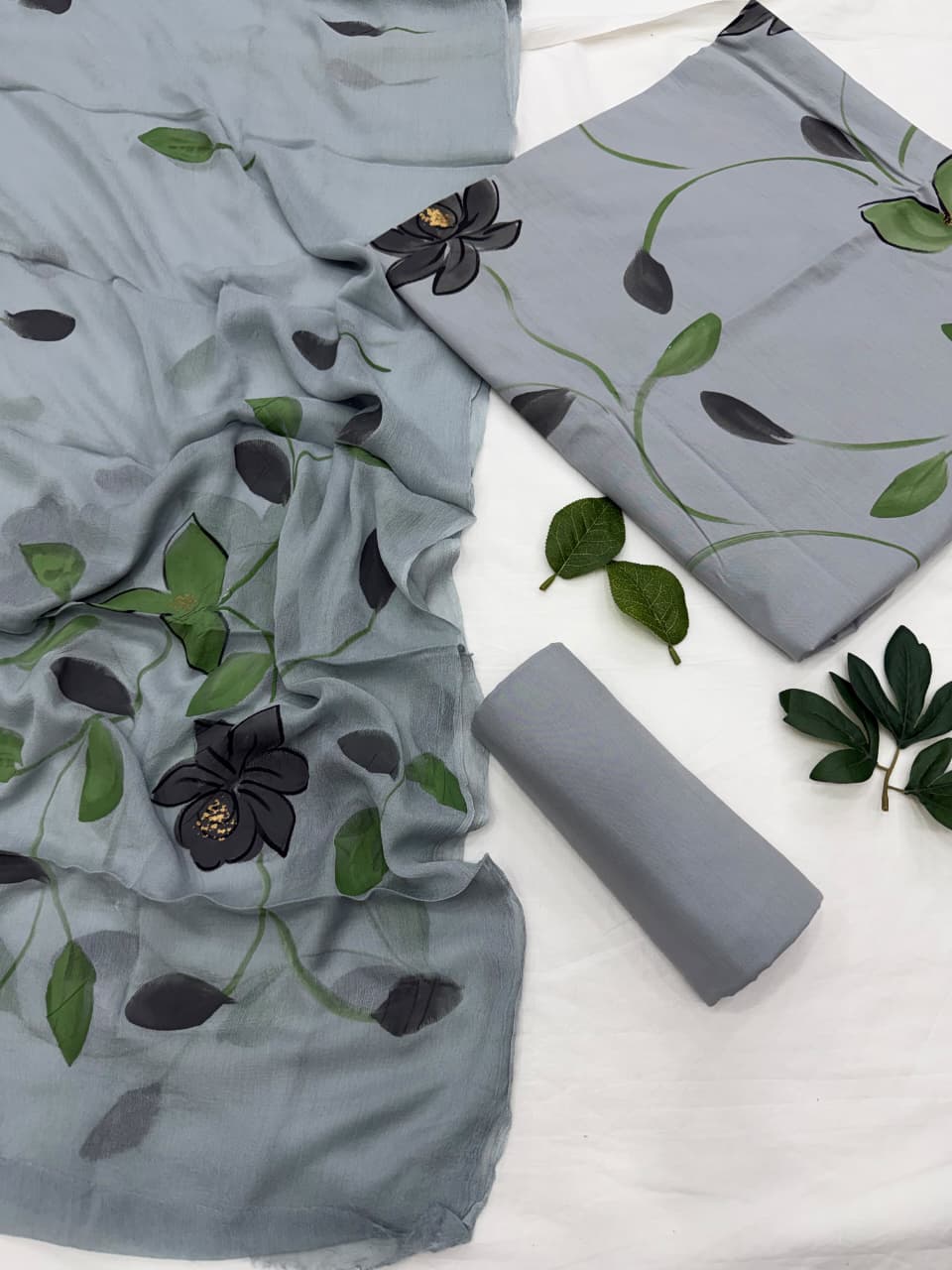 Hand Painted Cotton Suit With Chiffon Suit