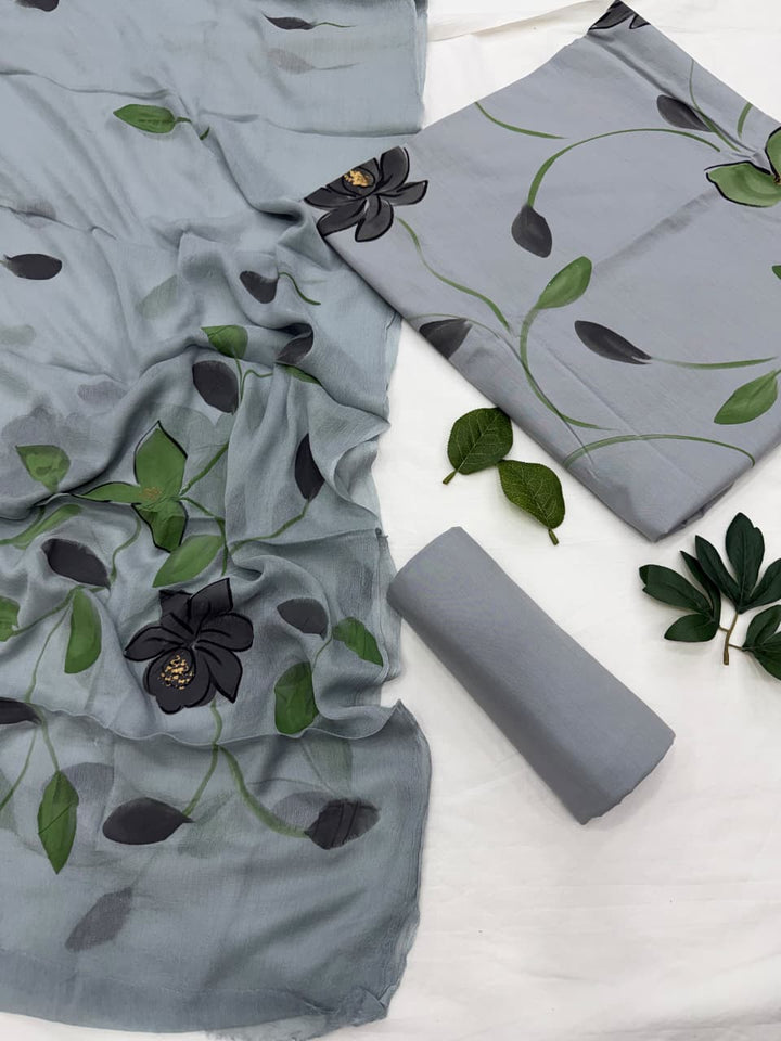 Hand Painted Cotton Suit With Chiffon Suit