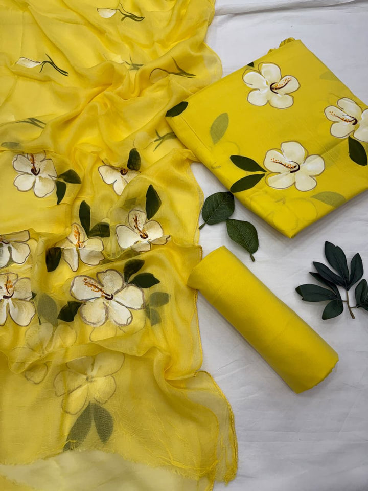 Hand Painted Cotton Suit With Chiffon Dupatta
