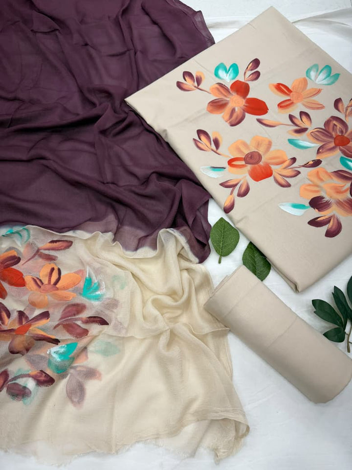 Hand Painted Cotton Suit With Chiffon Dupatta