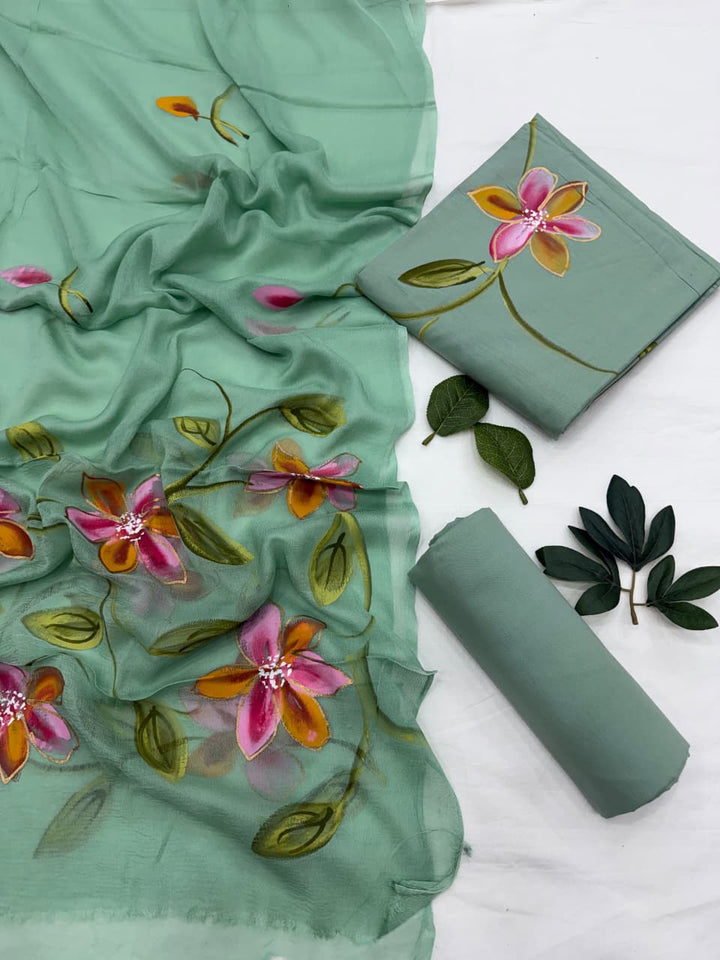 Hand Painted cotton suit chiffon dupatta