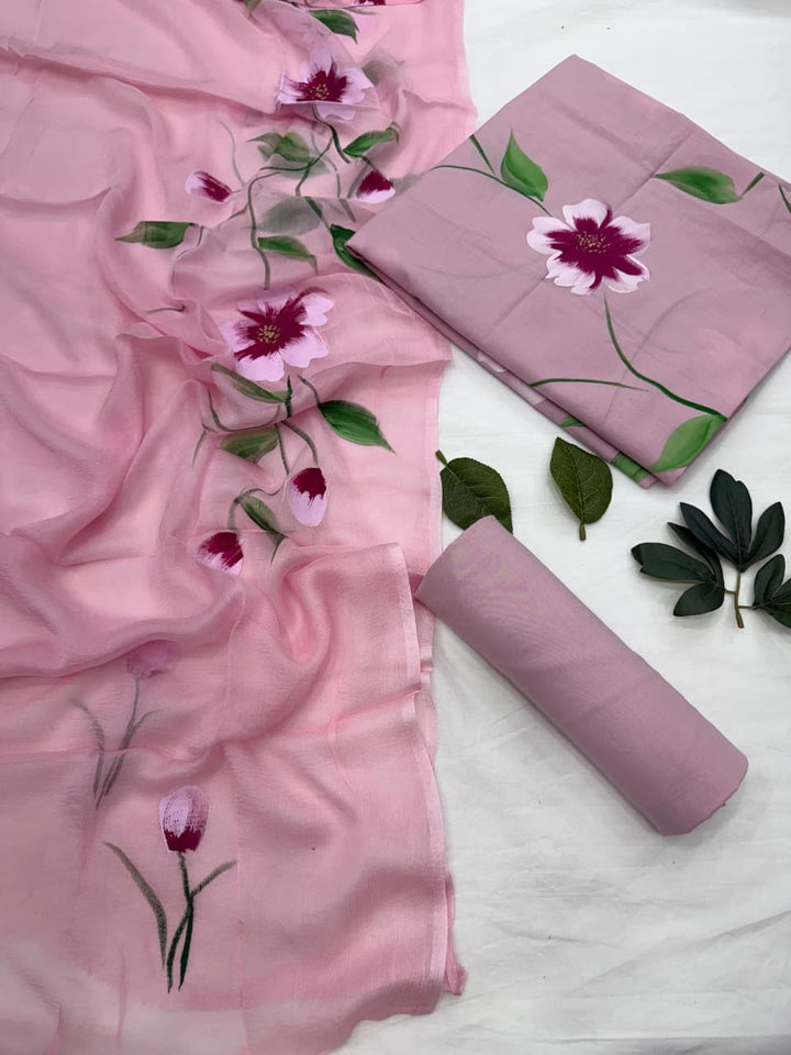 Hand Painted Cotton Suit With Chiffon Dupatta