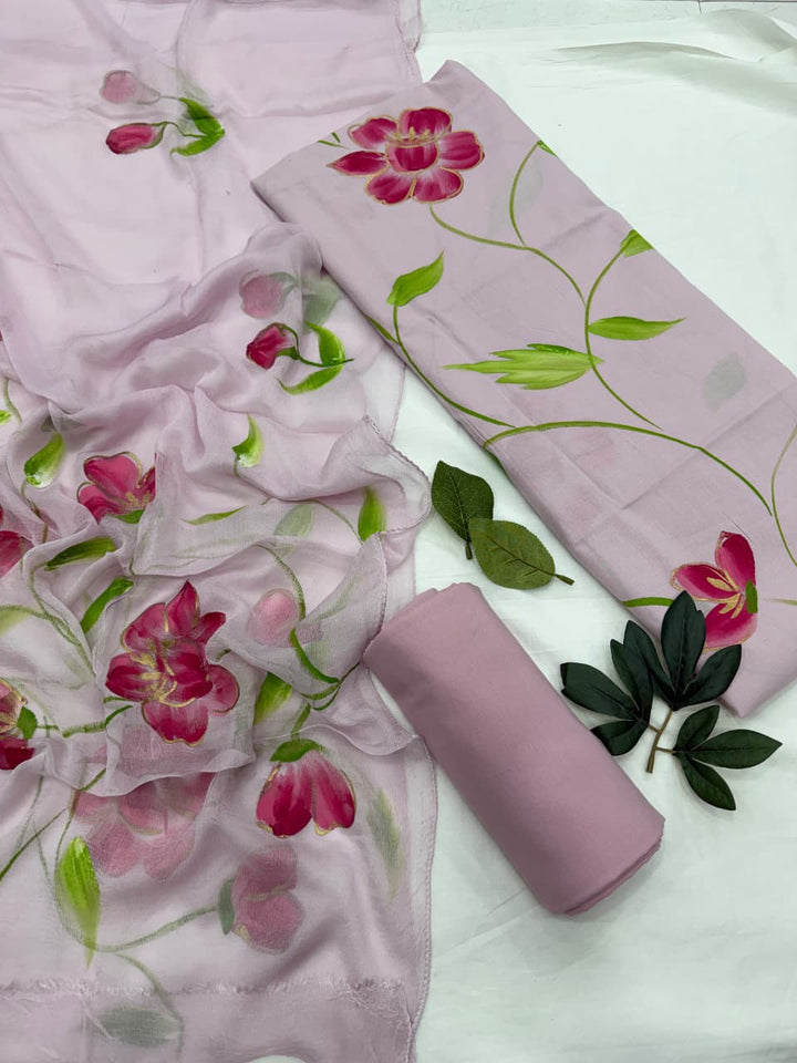 Hand Painted Cotton Suit With Chiffon Dupatta