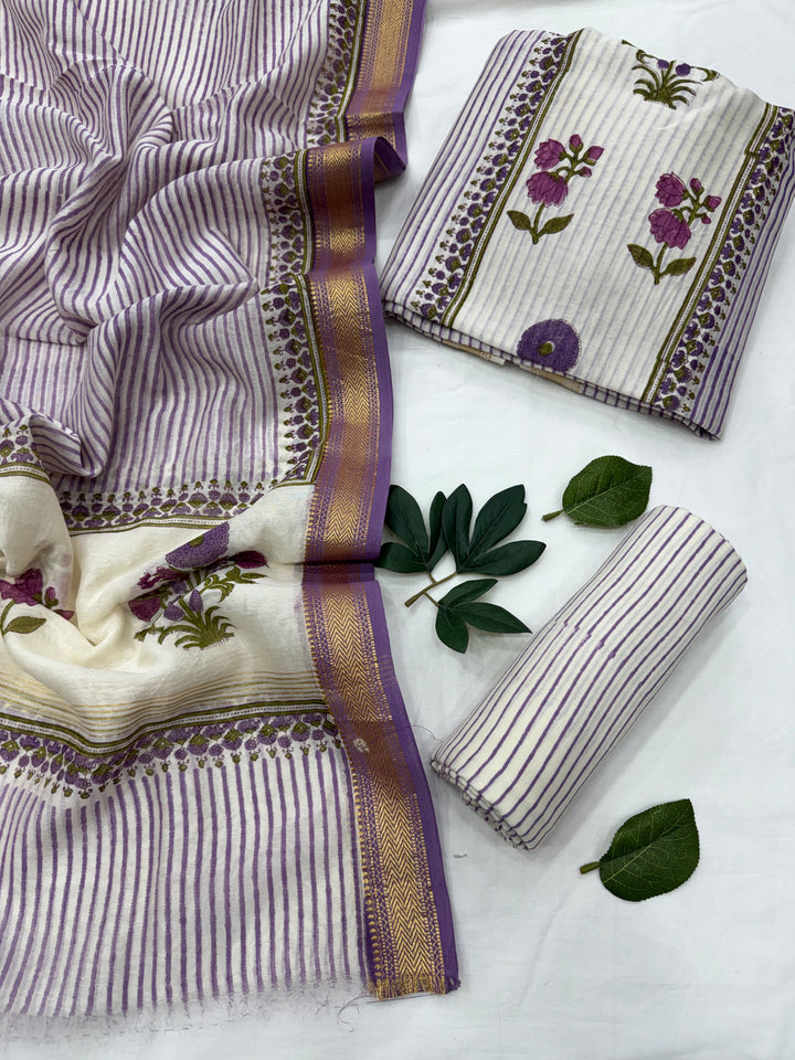 Cream Mughal Buta Print Maheshwari Silk Suit Set .