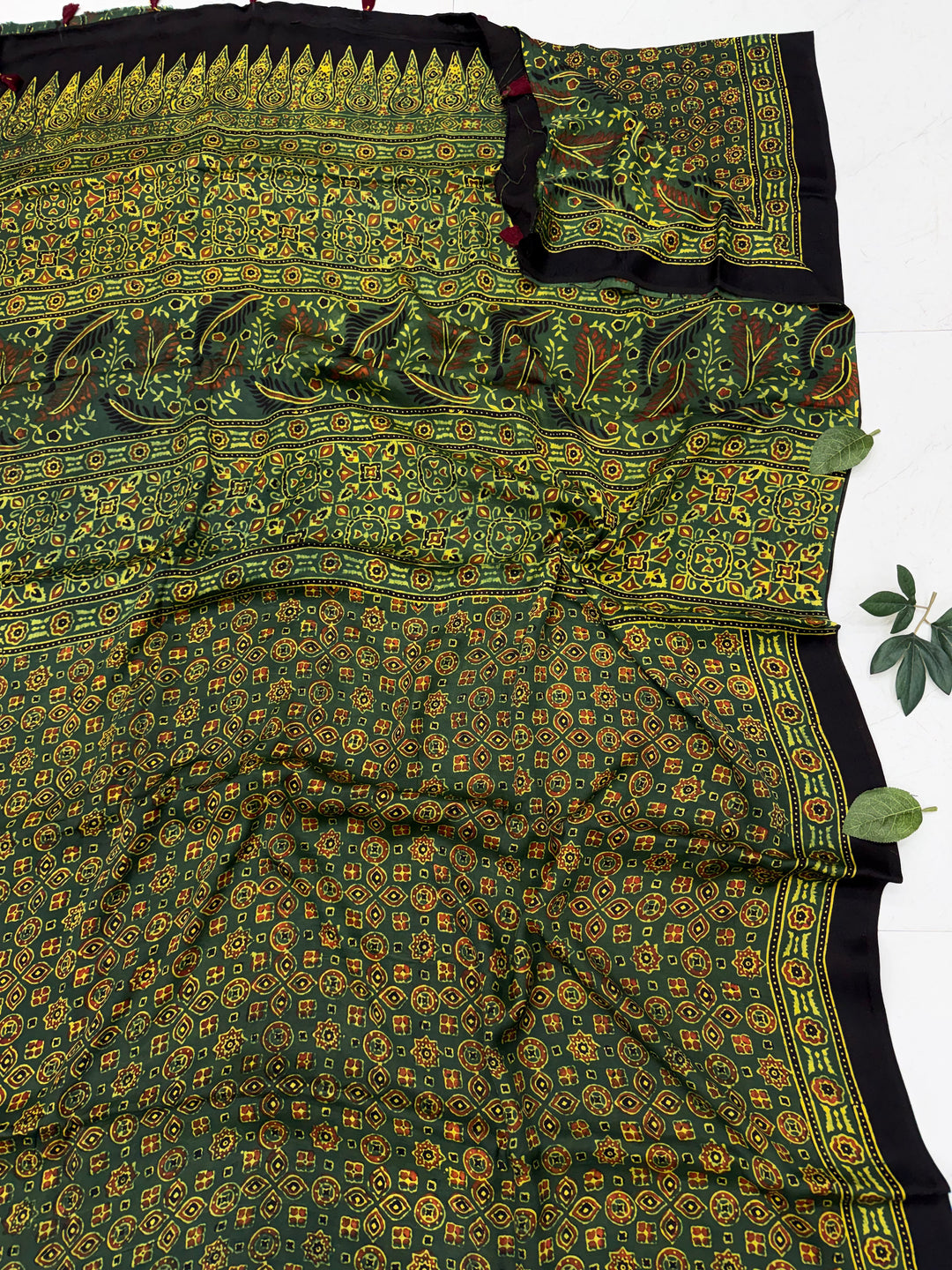 Green Ajrakh Modal Silk Saree | Hand Block Printed | Natural Dyes