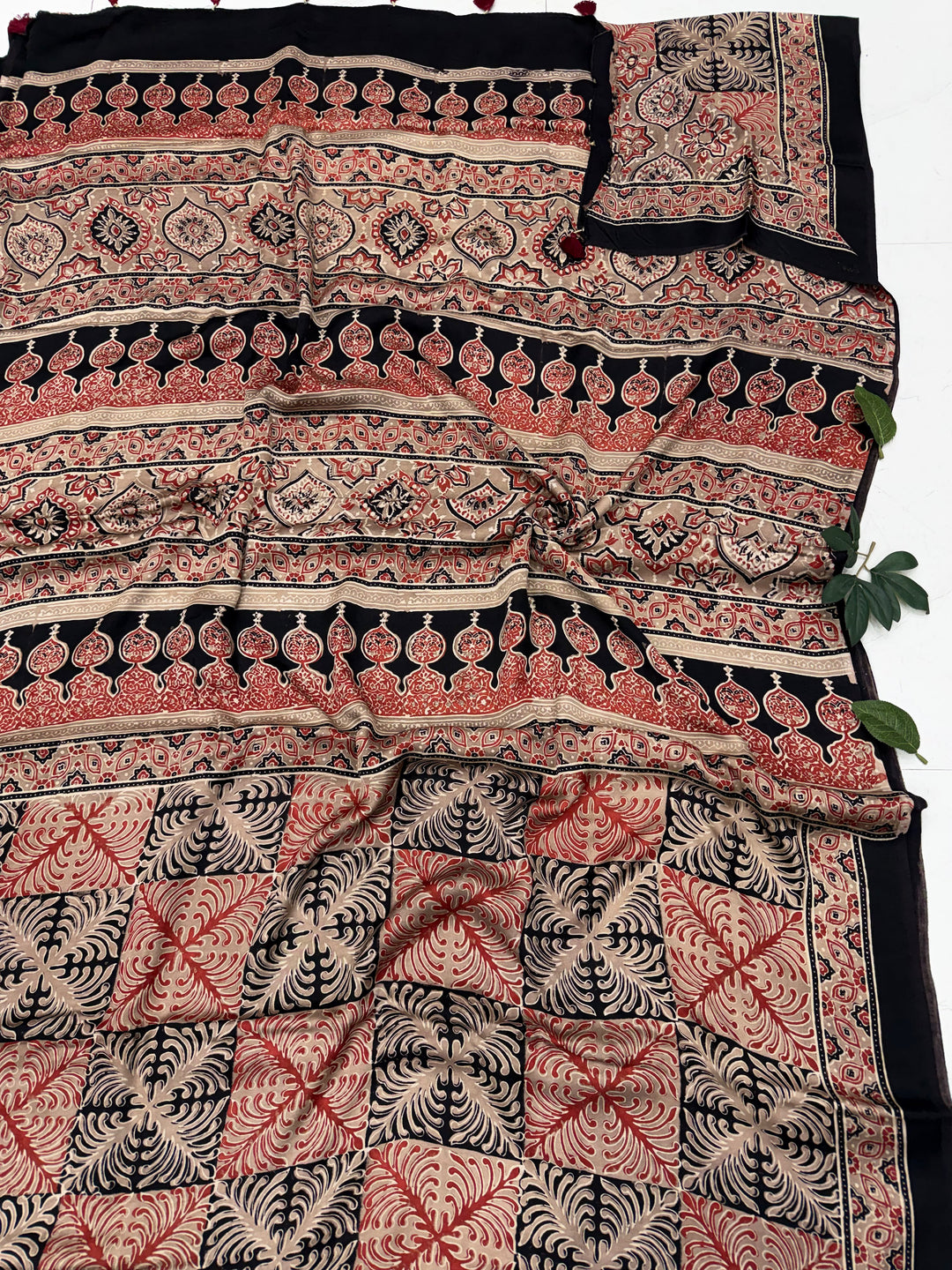 Kasis Ajrakh Modal Silk Saree | Original Hand Block Printed | Natural Iron Dye
