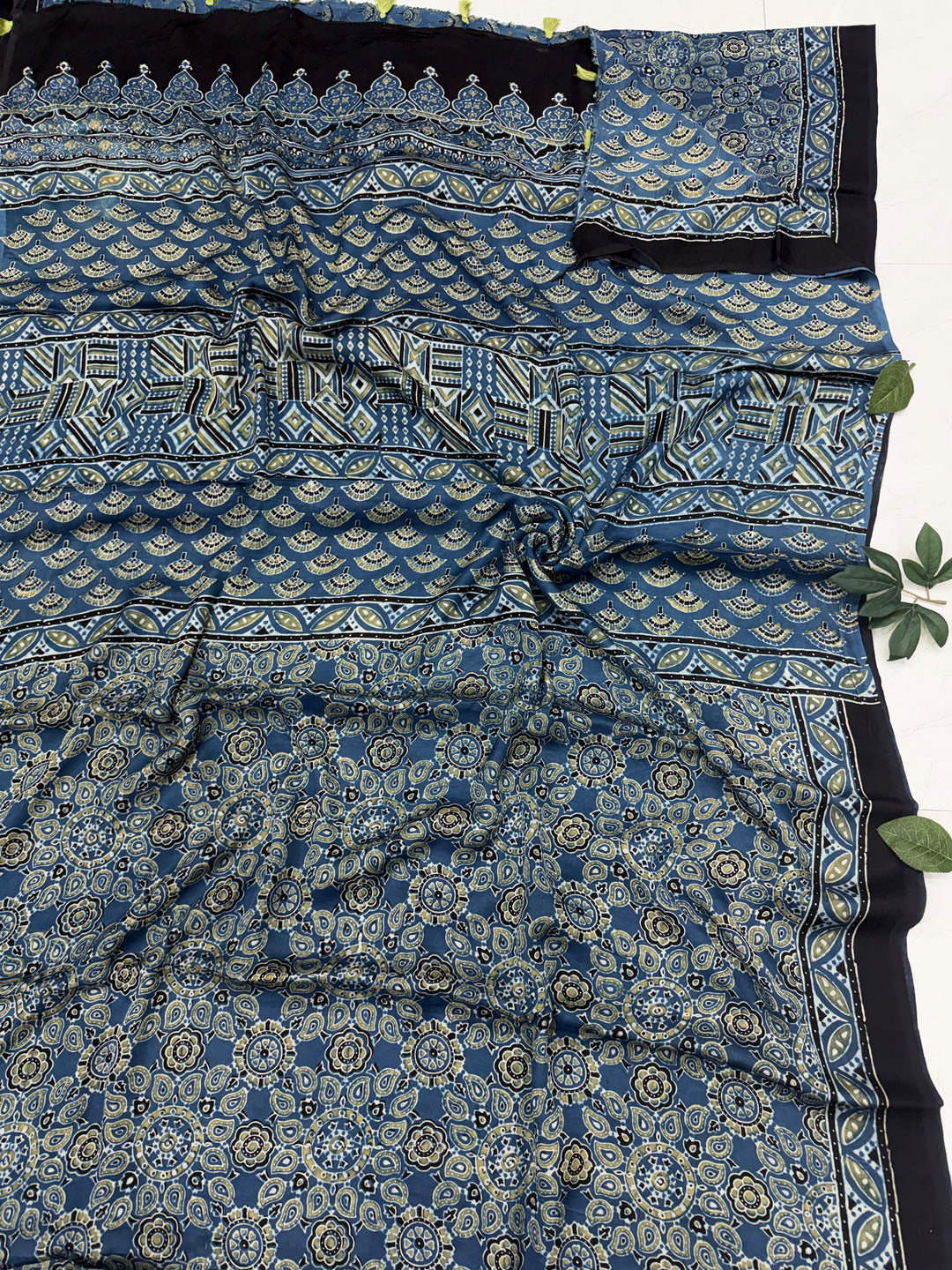 Indigo Dye Ajrakh Modal Silk Saree | Hand Block Printed | Natural Indigo