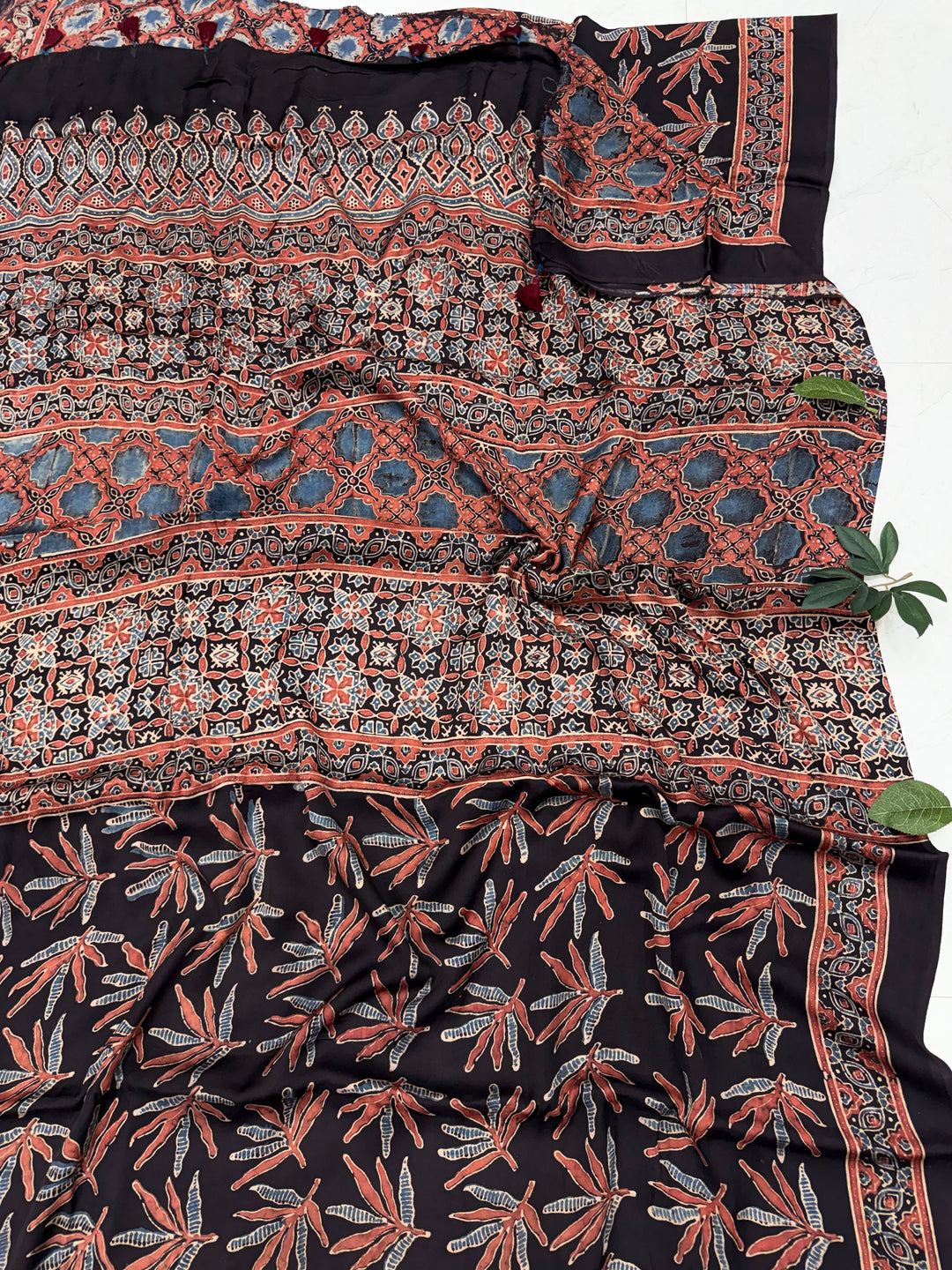 Black Ajrakh Modal Silk Saree | Original Hand Block Printed | Natural Dyes