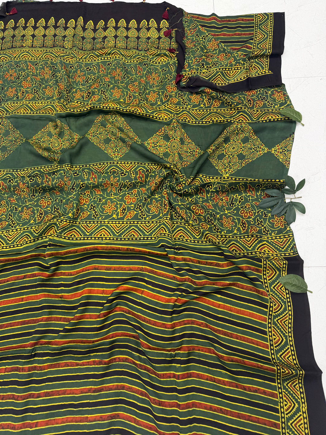 Green Ajrakh Modal Silk Saree | Hand Block Printed | Natural Dyes